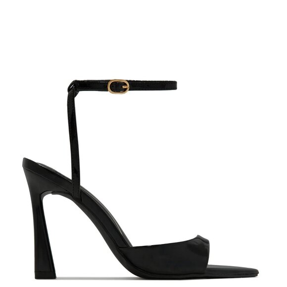 New Black Open Toe Ankle Strap Sandal Stiletto High Heel Faux Patent Leather - Picture 3 of 5